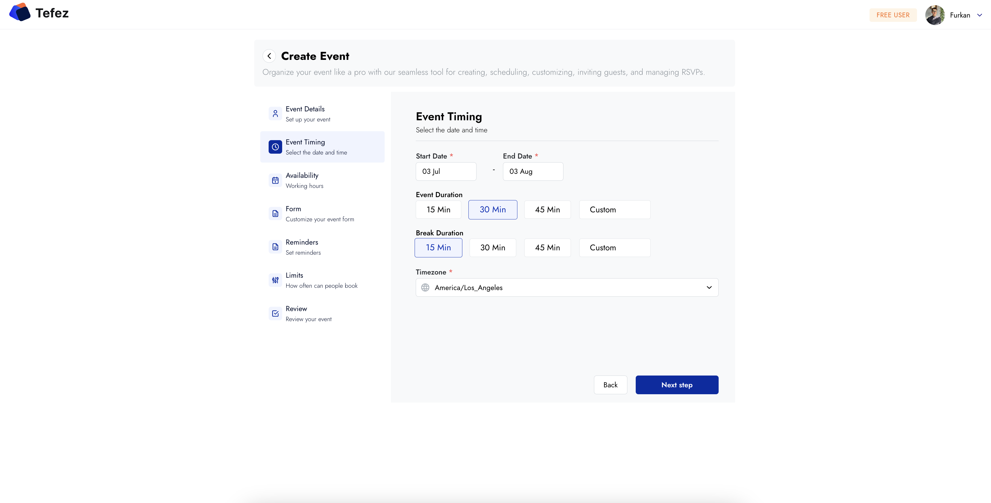Tefez event timing step with duration and date controls