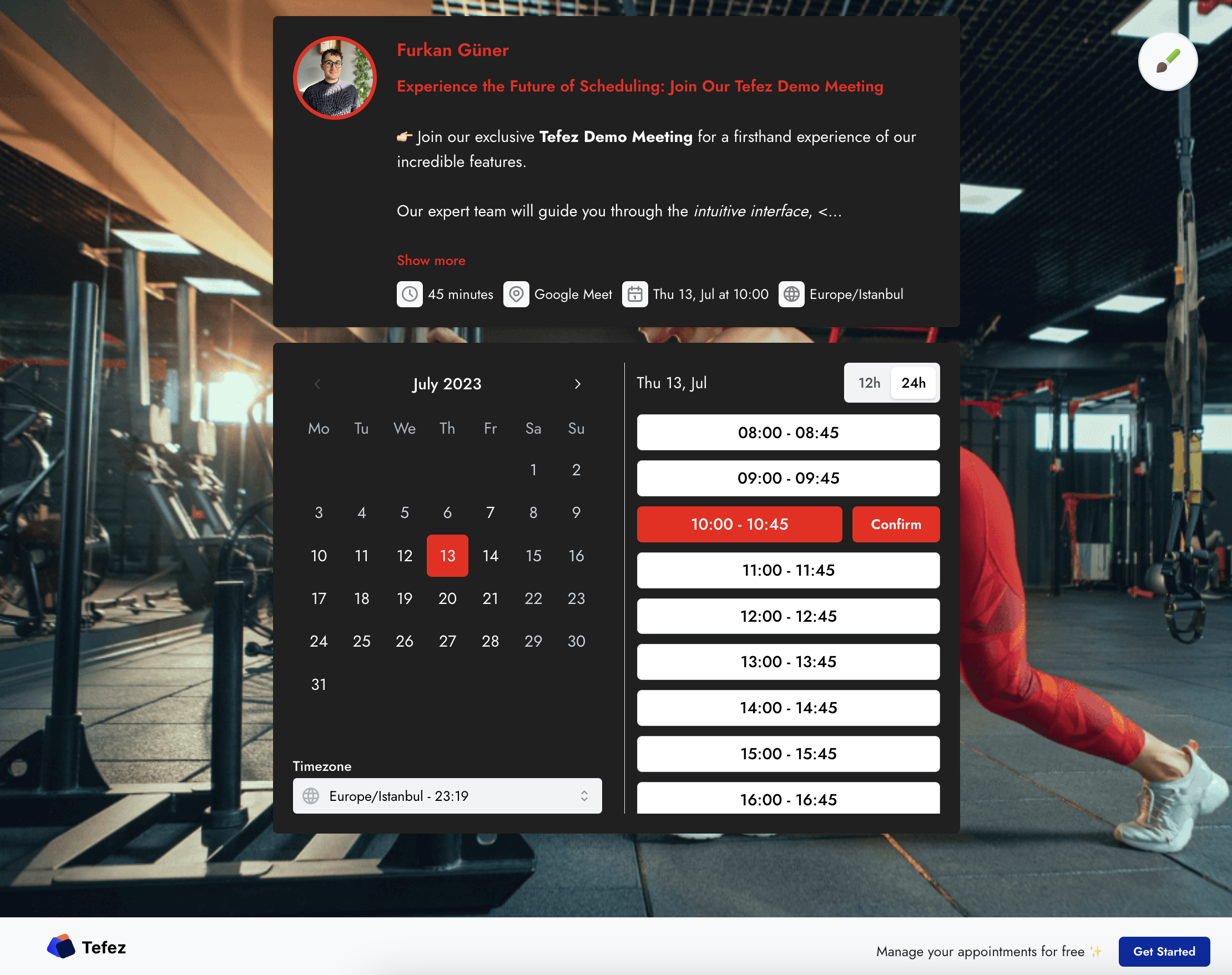 Tefez booking page after a predefined theme has been applied