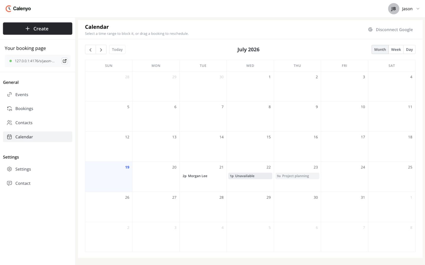 Example Calenyo calendar with a connected Google event
