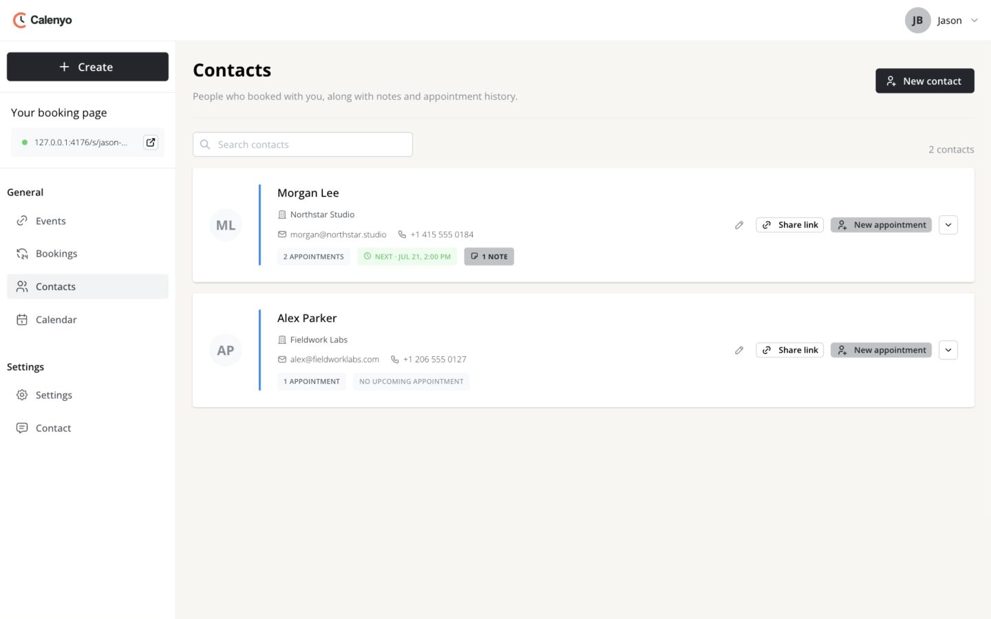 Example Calenyo contacts list with Morgan Lee selected