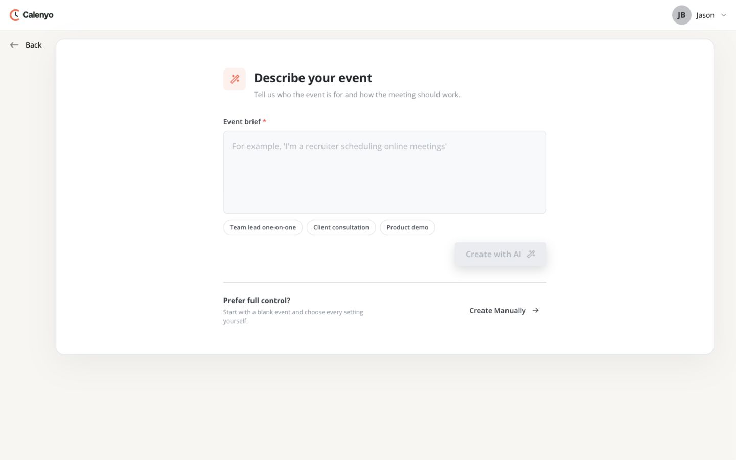 Example Calenyo Events screen for Jason Brooks with event starting points