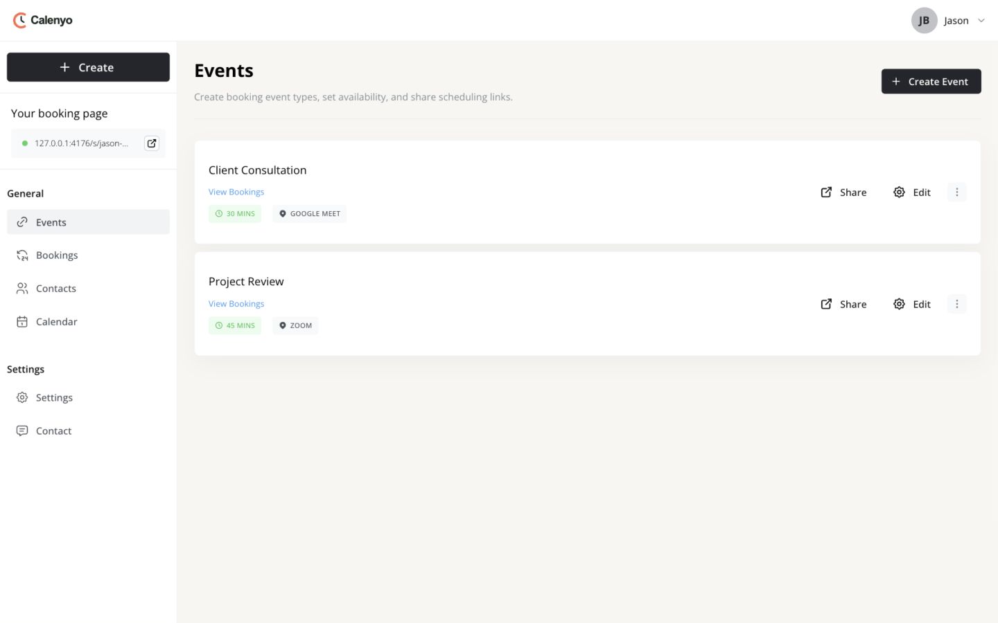 Example list of events belonging to Jason Brooks