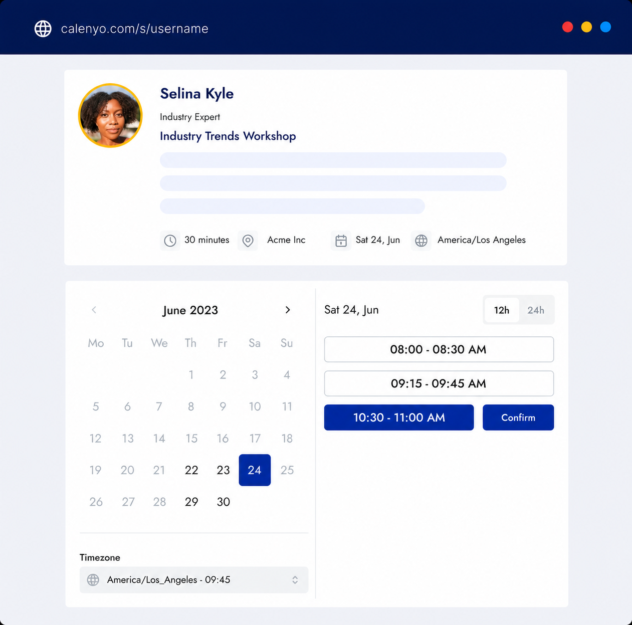 Calenyo public appointment booking page with a calendar and available times